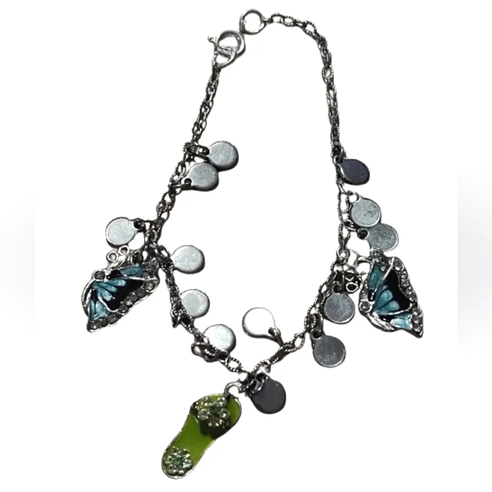 Elegant Silver and Blue Rhinestone Butterfly & Green Flip-flop Charm Bracelet